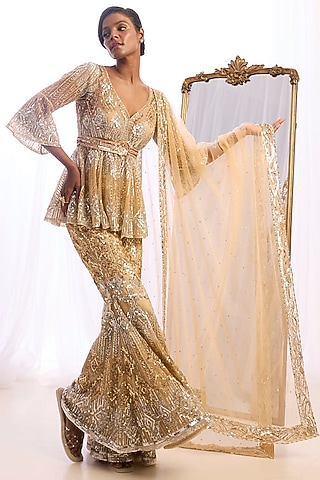 Silver & Gold Tulle Geometric Artwork Sharara Set by Cherie D