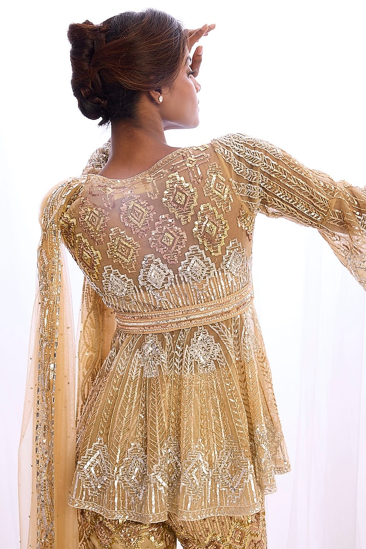 Silver & Gold Tulle Geometric Artwork Bridal Sharara Set by Cherie D at Pernia's Pop Up Shop