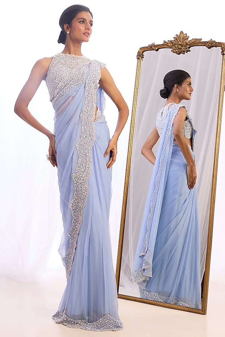 Periwinkle Blue French Chiffon Pearl Hand Embroidered Bridal Saree Set by Cherie D at Pernia's Pop Up Shop