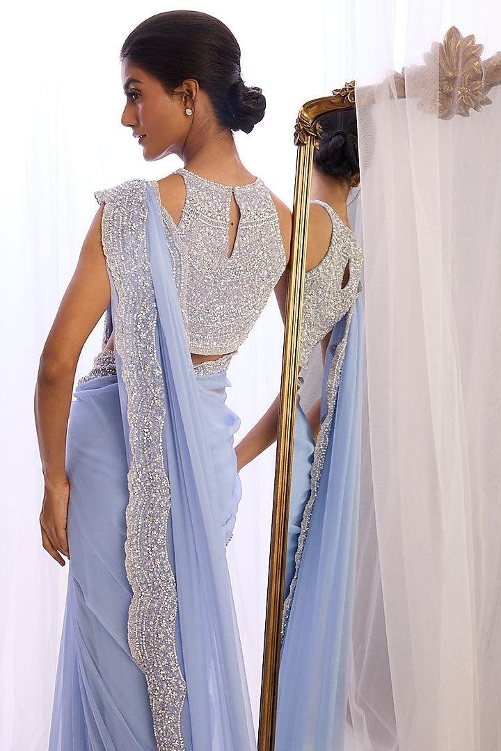 Periwinkle Blue French Chiffon Pearl Hand Embroidered Bridal Saree Set by Cherie D at Pernia's Pop Up Shop