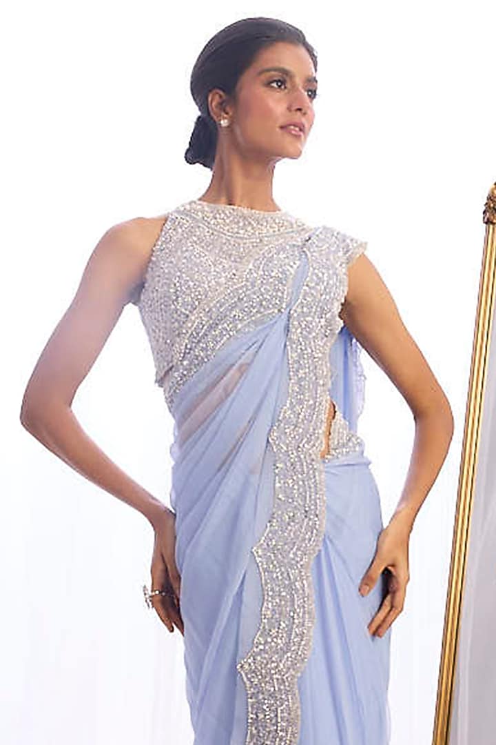 Periwinkle Blue French Chiffon Pearl Hand Embroidered Bridal Saree Set by Cherie D at Pernia's Pop Up Shop