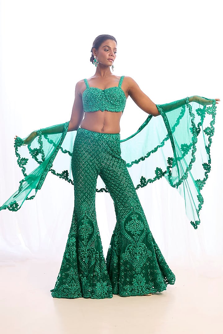 Emerald Green Tulle Bridal Sharara Set by Cherie D at Pernia's Pop Up Shop