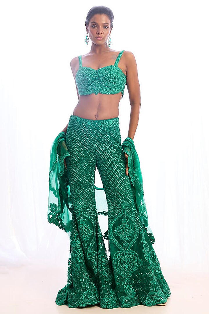 Emerald Green Tulle Bridal Sharara Set by Cherie D at Pernia's Pop Up Shop