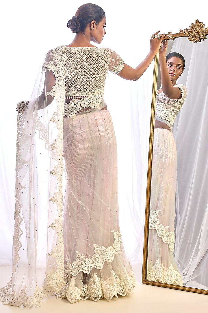 Multi-Colored Tulle Lace Embellished Reception Lehenga Saree Set by Cherie D at Pernia's Pop Up Shop