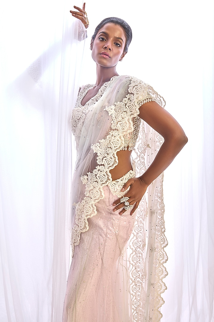 Multi-Colored Tulle Lace Embellished Reception Lehenga Saree Set by Cherie D at Pernia's Pop Up Shop