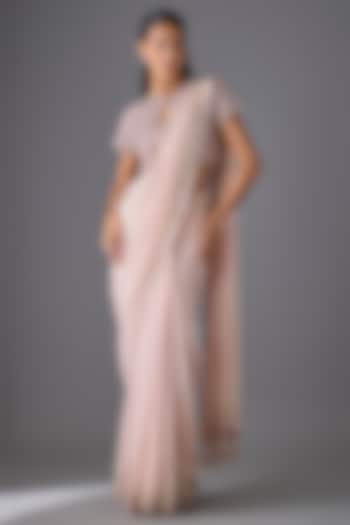 Pink Satin Chiffon Crystal Embroidered Jacket Reception Saree Set by Cherie D at Pernia's Pop Up Shop