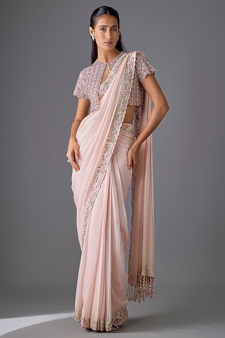 Pink Satin Chiffon Crystal Embroidered Jacket Reception Saree Set by Cherie D at Pernia's Pop Up Shop