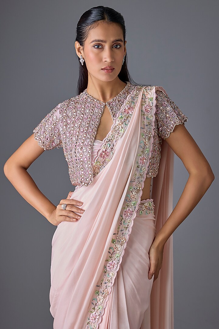 Pink Satin Chiffon Crystal Embroidered Jacket Reception Saree Set by Cherie D at Pernia's Pop Up Shop