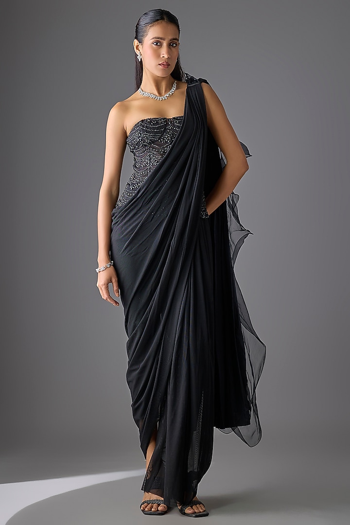 Black Tulle & Net Concept Pant Reception Saree Set by Cherie D at Pernia's Pop Up Shop