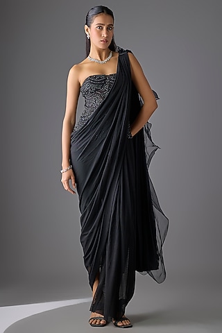 Black Tulle & Net Concept Pant Saree Set by Cherie D