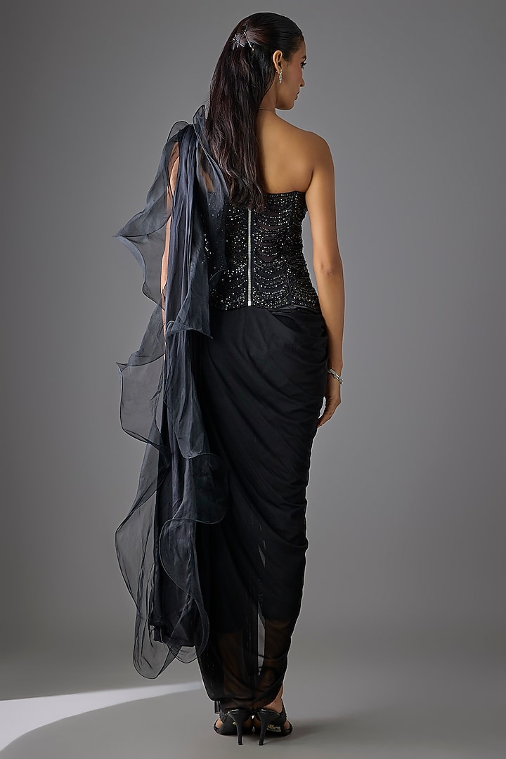 Black Tulle & Net Concept Pant Reception Saree Set by Cherie D at Pernia's Pop Up Shop