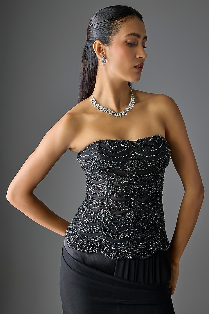 Black Tulle & Net Concept Pant Reception Saree Set by Cherie D at Pernia's Pop Up Shop
