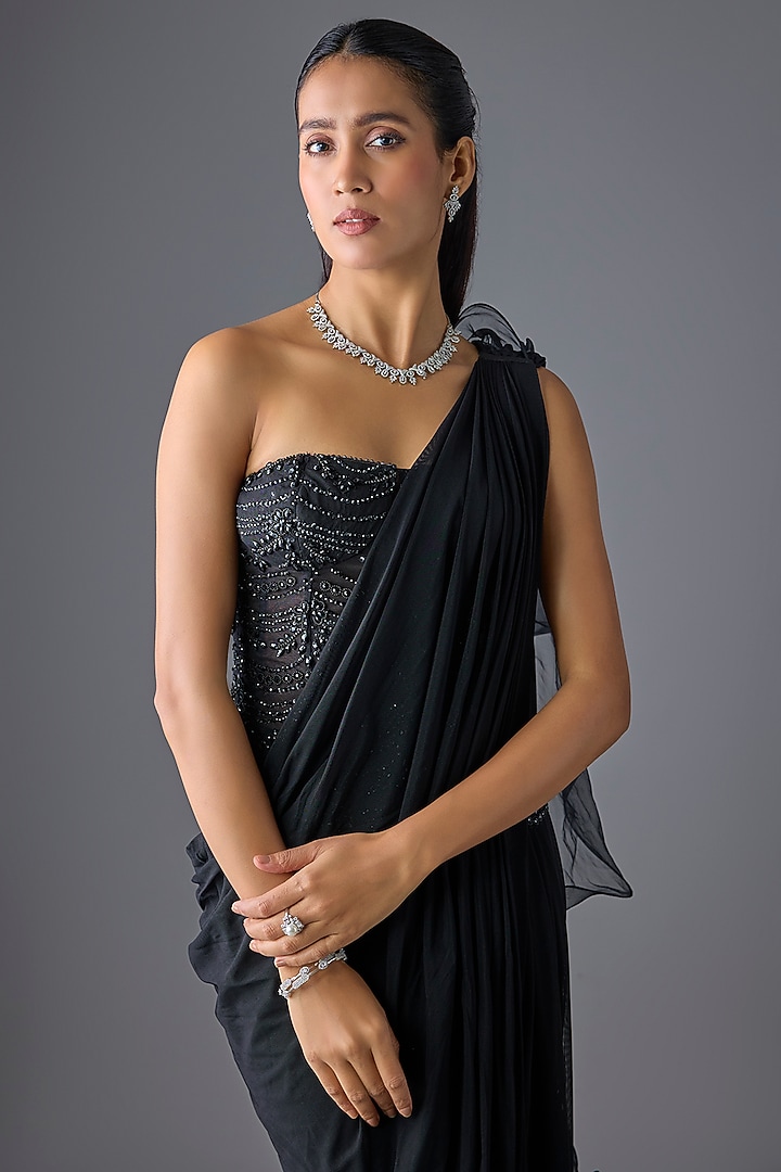 Black Tulle & Net Concept Pant Reception Saree Set by Cherie D at Pernia's Pop Up Shop