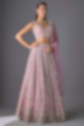 Pink Tulle 3D Embellished Bridal Lehenga Set by Cherie D at Pernia's Pop Up Shop