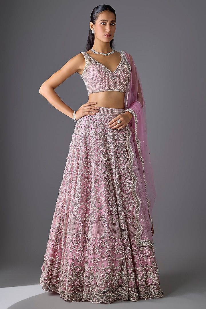 Pink Tulle 3D Embellished Bridal Lehenga Set by Cherie D at Pernia's Pop Up Shop