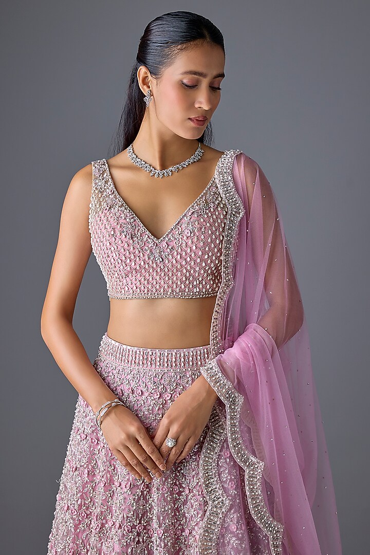 Pink Tulle 3D Embellished Bridal Lehenga Set by Cherie D at Pernia's Pop Up Shop