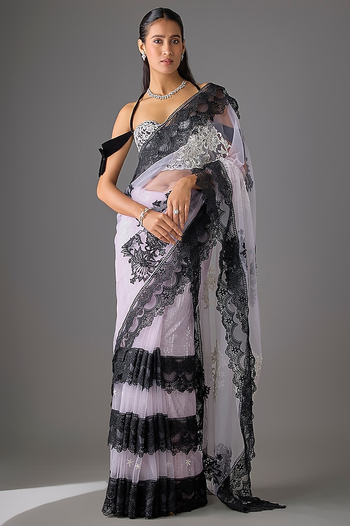 Pink Tulle Crystal Embroidered Bridal Saree Set by Cherie D at Pernia's Pop Up Shop