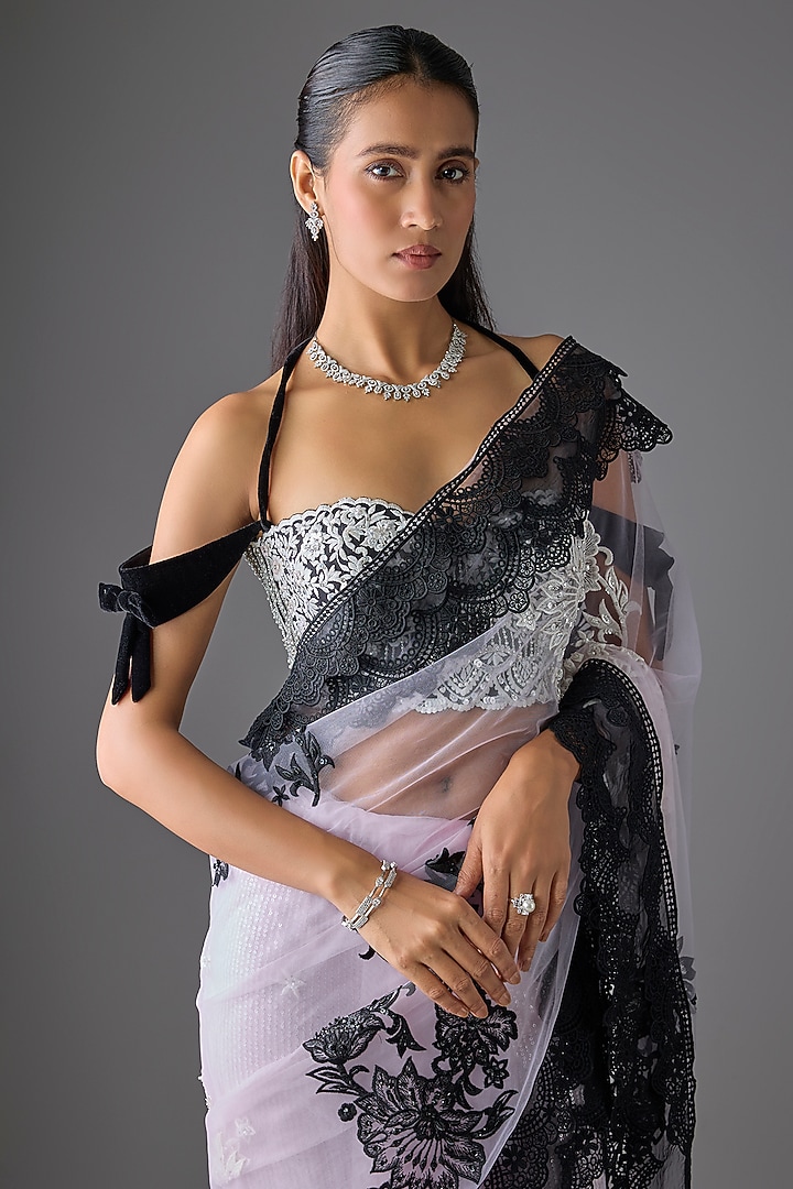 Pink Tulle Crystal Embroidered Bridal Saree Set by Cherie D at Pernia's Pop Up Shop
