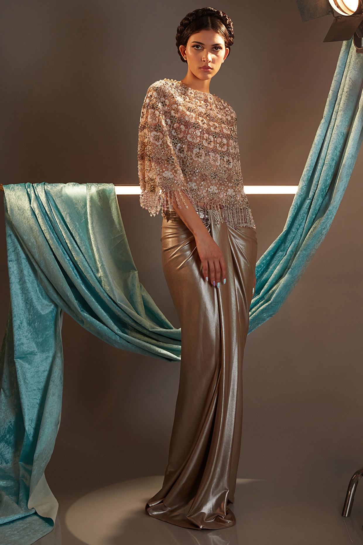 Metallic Nude Tulle & Lame Crystal Embroidered Cape Set by Cherie