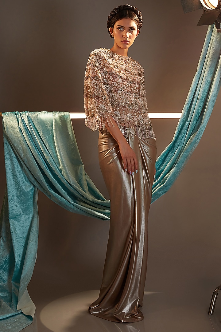 Metallic Nude Tulle & Lame Crystal Embroidered Cape Set by Cherie D at Pernia's Pop Up Shop