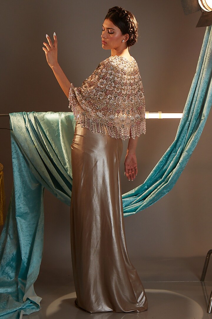 Metallic Nude Tulle & Lame Crystal Embroidered Cape Set by Cherie D at Pernia's Pop Up Shop
