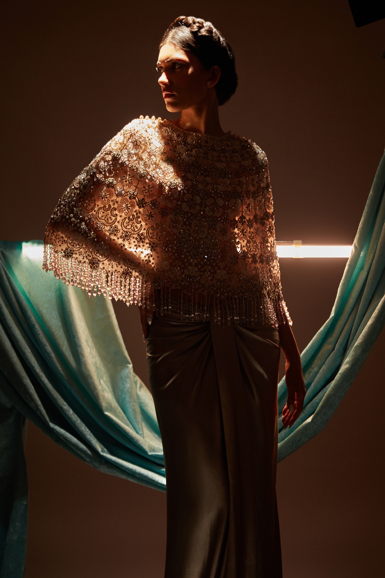 Metallic Nude Tulle & Lame Crystal Embroidered Cape Set by Cherie