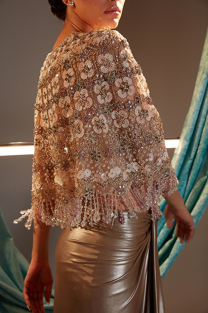 Metallic Nude Tulle & Lame Crystal Embroidered Cape Set by Cherie D at Pernia's Pop Up Shop