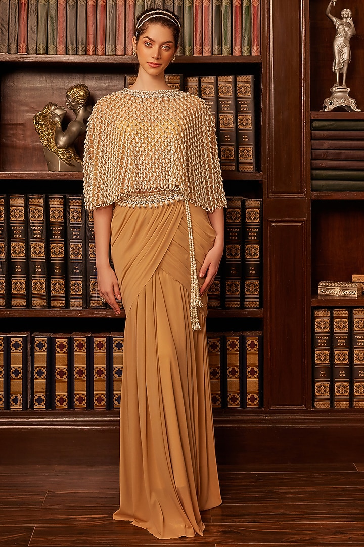 Nude & Ivory Tulle Pearl Drop Embroidered Poncho-Style Cape Set by Cherie D at Pernia's Pop Up Shop