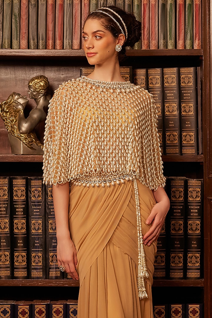 Nude & Ivory Tulle Pearl Drop Embroidered Poncho-Style Cape Set by Cherie D at Pernia's Pop Up Shop