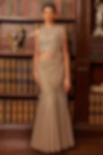 Grey Tulle Crystal Embroidered Concept Draped Bridal Saree Set by Cherie D at Pernia's Pop Up Shop