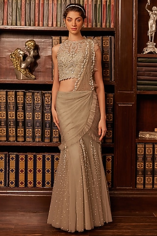 Grey Tulle Crystal Embroidered Concept Draped Saree Set by Cherie D
