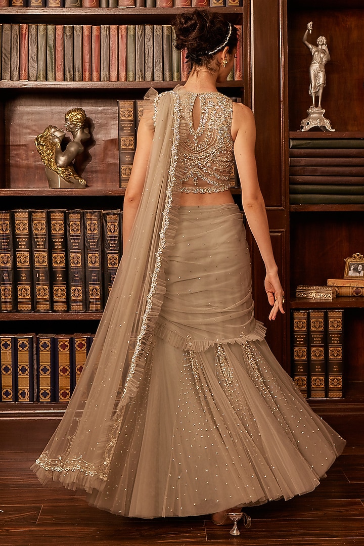 Grey Tulle Crystal Embroidered Concept Draped Bridal Saree Set by Cherie D at Pernia's Pop Up Shop