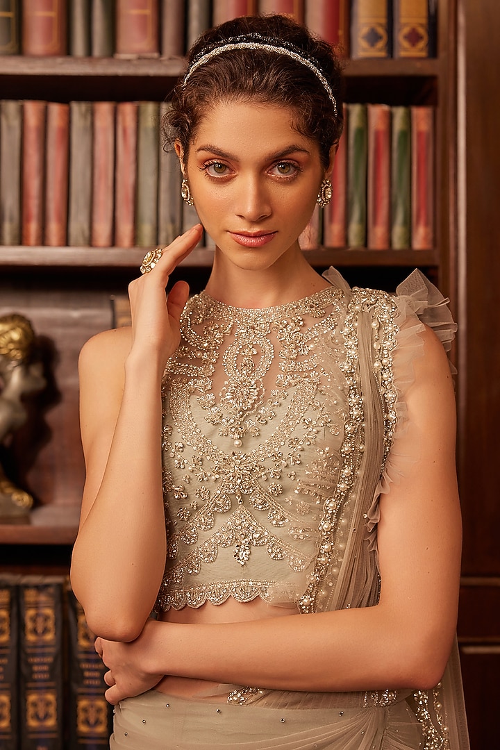 Grey Tulle Crystal Embroidered Concept Draped Bridal Saree Set by Cherie D at Pernia's Pop Up Shop