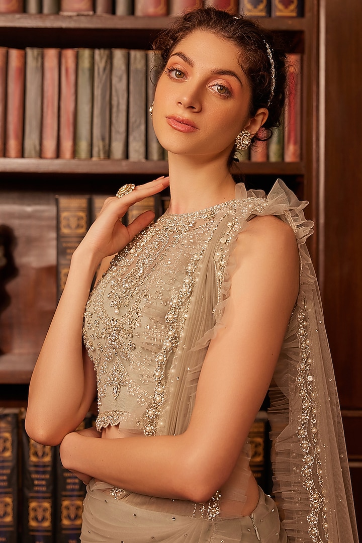 Grey Tulle Crystal Embroidered Concept Draped Bridal Saree Set by Cherie D at Pernia's Pop Up Shop
