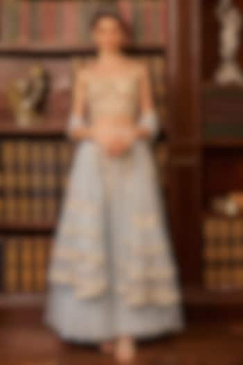Blue & Ivory Tulle Threadwork Embroidered Bridal Lehenga Set by Cherie D at Pernia's Pop Up Shop