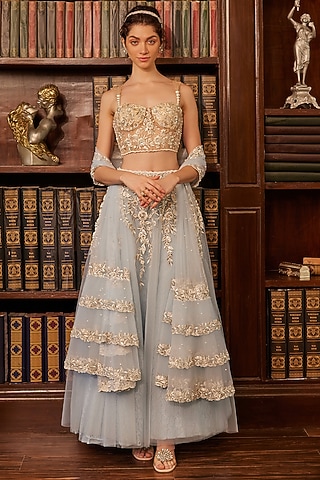 Blue & Ivory Tulle Threadwork Embroidered Lehenga Set by Cherie D