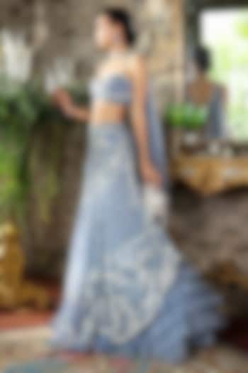 Smoky Blue & Silver Tulle Threadwork Embroidered Bridal Lehenga Set by Cherie D at Pernia's Pop Up Shop