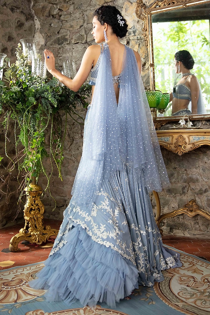 Smoky Blue & Silver Tulle Threadwork Embroidered Bridal Lehenga Set by Cherie D at Pernia's Pop Up Shop