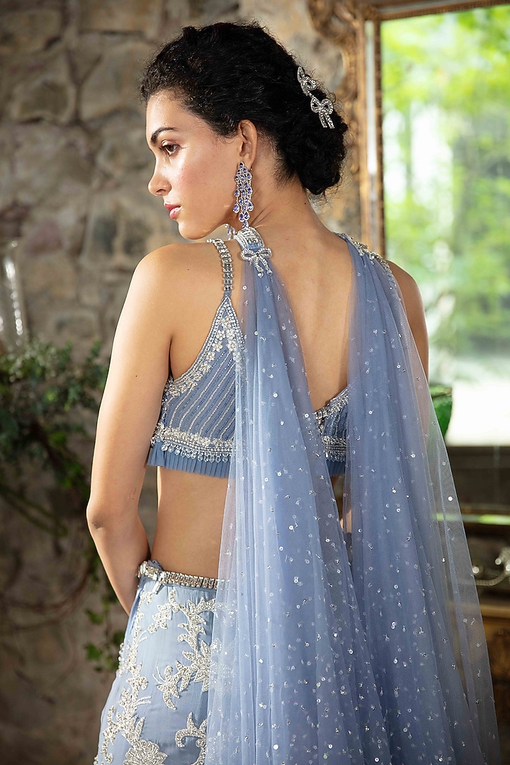 Smoky Blue & Silver Tulle Threadwork Embroidered Bridal Lehenga Set by Cherie D at Pernia's Pop Up Shop