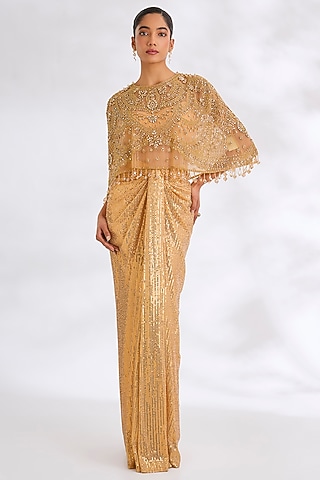 Gold Sequins Fabric Crystal Bead Embroidered Cape Set by Cherie D