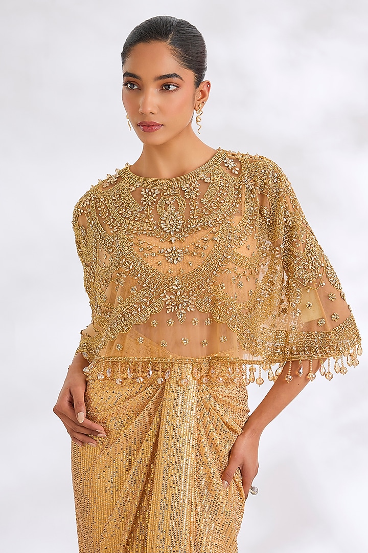 Gold Sequins Fabric Crystal Bead Embroidered Cape Set by Cherie D at Pernia's Pop Up Shop