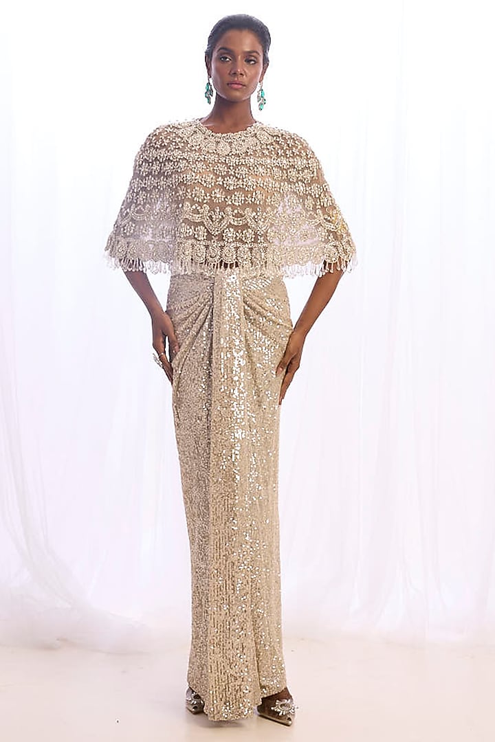Grey-Silver Tulle Crystal Embroidered Cape Set by Cherie D at Pernia's Pop Up Shop
