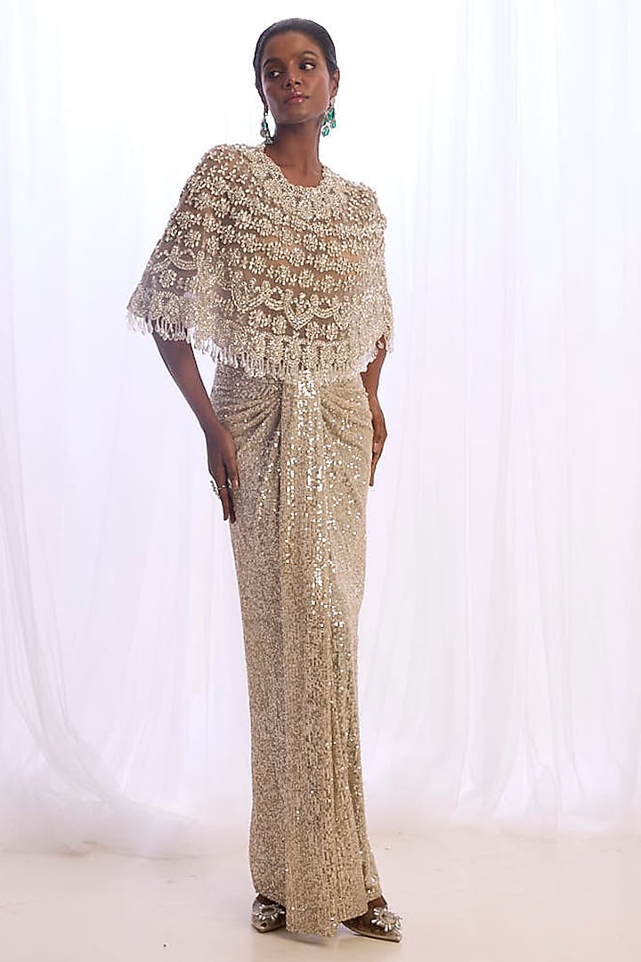 Grey-Silver Tulle Crystal Embroidered Cape Set by Cherie D at Pernia's Pop Up Shop