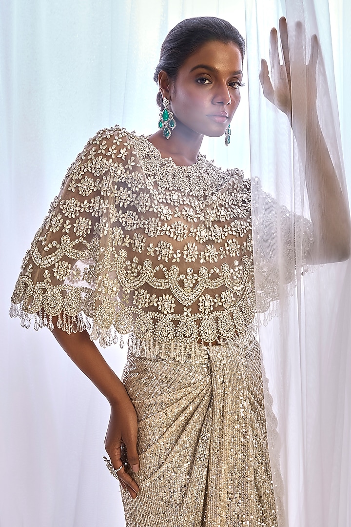 Grey-Silver Tulle Crystal Embroidered Cape Set by Cherie D at Pernia's Pop Up Shop