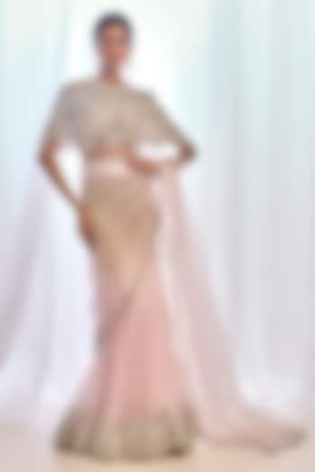 Nude & Pink Ombre Tulle Embroidered Reception Lehenga Saree Set by Cherie D at Pernia's Pop Up Shop