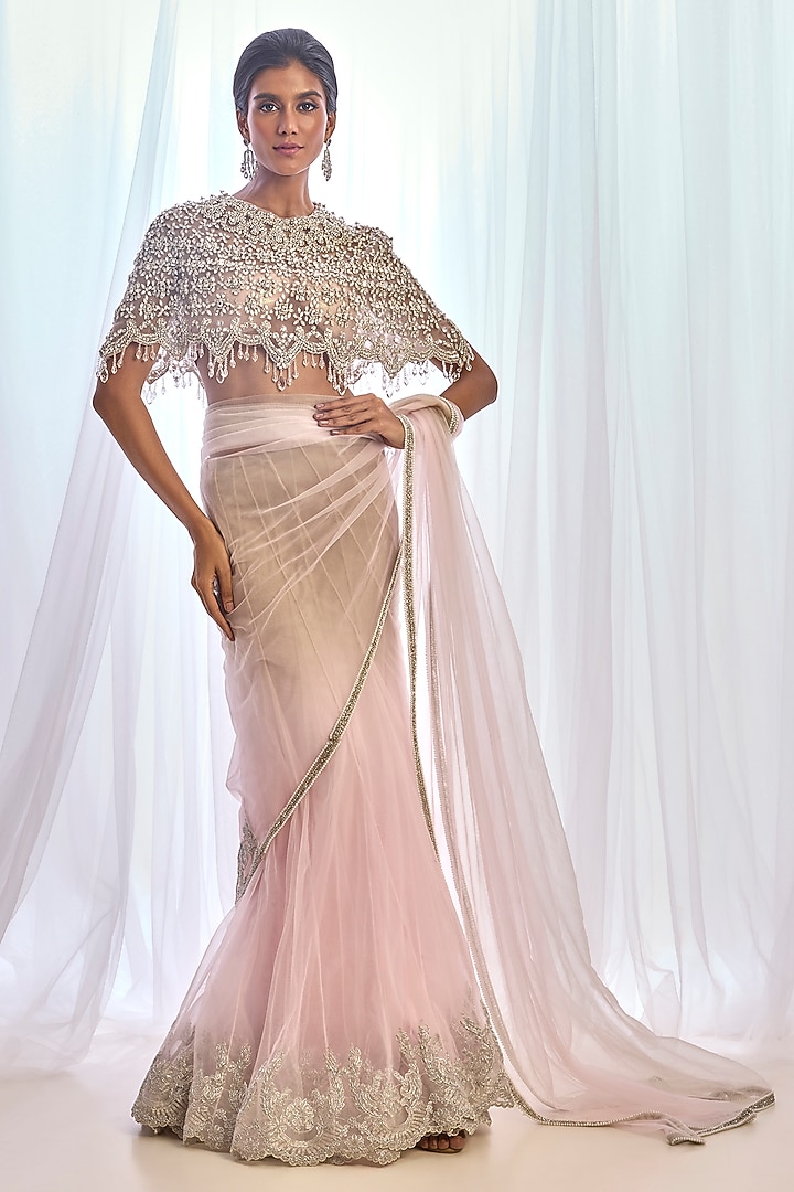 Nude & Pink Ombre Tulle Embroidered Reception Lehenga Saree Set by Cherie D at Pernia's Pop Up Shop
