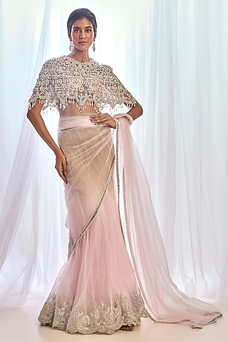 Nude & Pink Ombre Tulle Embroidered Lehenga Saree Set by Cherie D