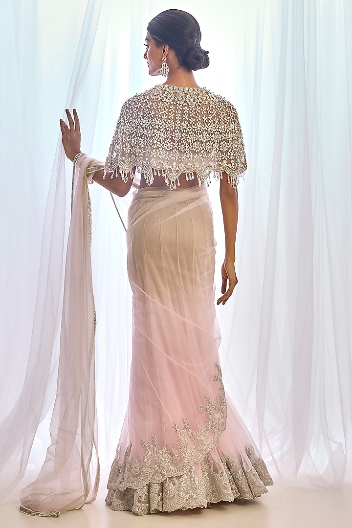Nude & Pink Ombre Tulle Embroidered Reception Lehenga Saree Set by Cherie D at Pernia's Pop Up Shop