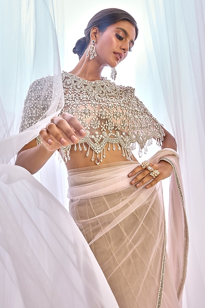 Nude & Pink Ombre Tulle Embroidered Reception Lehenga Saree Set by Cherie D at Pernia's Pop Up Shop