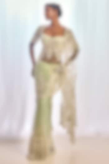 Mint Green Tulle Thread Work Bridal Saree Set by Cherie D at Pernia's Pop Up Shop